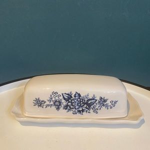 Vintage Federalist Ironstone Ceramic Lidded Blue Floral Butter Dish Japan